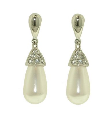 Silver Swarovski crystal capped teardrop pearl earrings